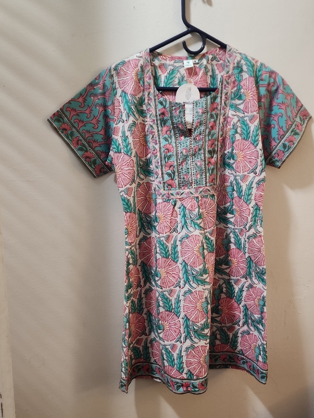 Indian Floral Block Print Pink & Teal Short  Sleeve Women's Summer  Dress
